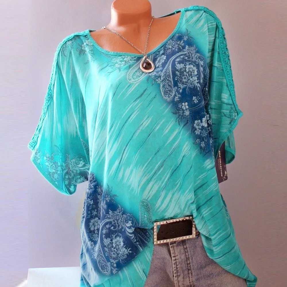 الخريف 5XL زائد حجم النساء الصيف قصيرة الأكمام الخامس الرقبة الأزهار طباعة فضفاض البلوزات عارضة الدانتيل بلوزات على الموضة قمصان البلوزات الخريف 5XL زائد حجم النساء الصيف قصيرة الأكمام الخامس الرقبة الأزهار طباعة فضفاض البلوزات عارضة الدانتيل بلوزات على الموضة قمصان البلوزات