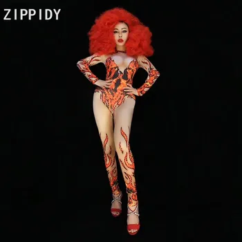 

Red Rhinestones Flame Printed Jumpsuit DJ Female Singer Women's Birthday Outfit Bodysuit Nightclub Prom Party Stage Show Wear