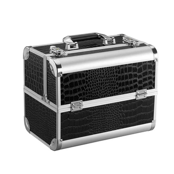 

LANGRIA Professional Aluminum Travel Makeup Train Case Beauty Accessories Organizer 4 Trays 2 Locks Keys Glossy Faux Leather