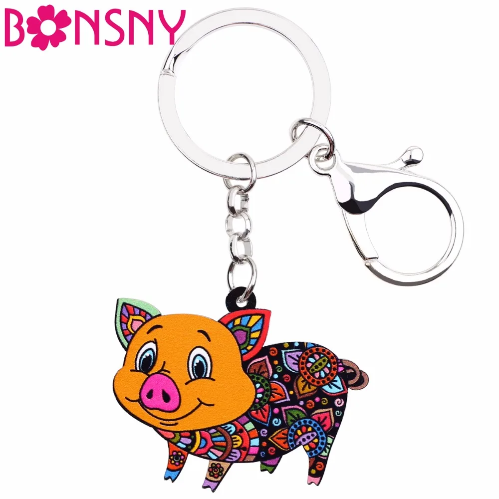 

Bonsny Acrylic Farm Collection Pig Piglet piggy Jewelry Key Chain Key Ring Pom Gift For Women Girl Handbag Charms Purse Keychain