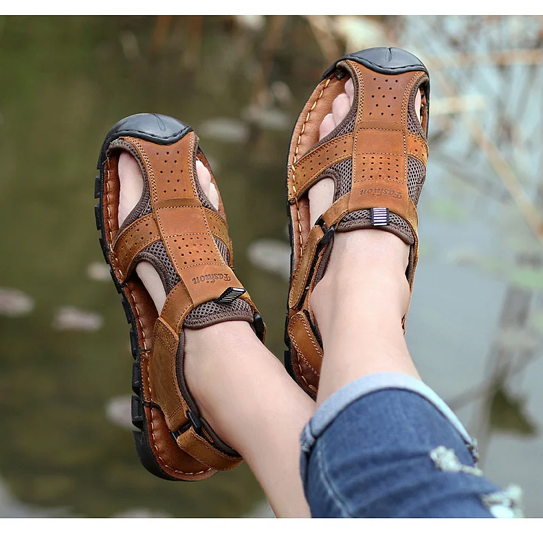 WOOY! Yow/мужские сандалии из натуральной кожи, пляжная обувь, первый слой воловьей кожи, Повседневная Уличная обувь, новинка 2019 года, летняя