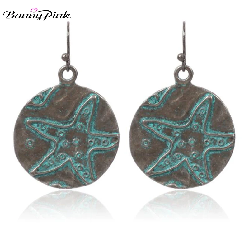 Banny Pink Vintage Metal Starfish Dangle Earrings For Women Ethnic Round Pendant Earrings Chunky