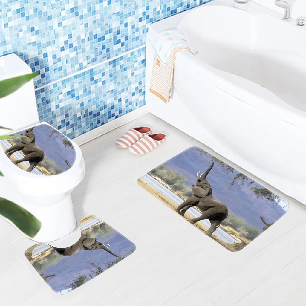 3pcs Bathroom Mat Set Elephant Under Tree Pattern Bath Mat Anti Slip