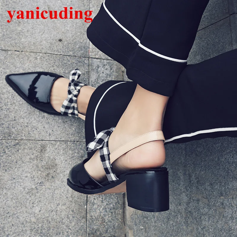 

Pointed Toe Patent Leather Women Pumps Slingback Shoes Butterfly Knot Decor Hot Brand Runway Star Shoes Zapatos Mujer Med Heel