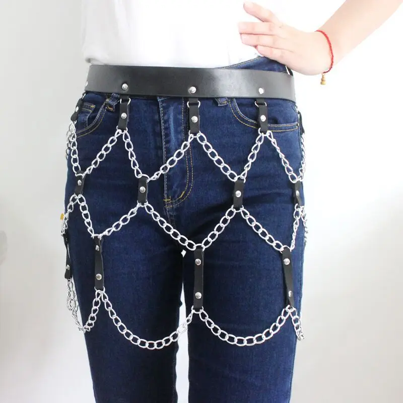 Goth PU Leather Mini Skirt Women Body Harness Link Chain Hollow Out Grid Skirts With Adjustable Buckle Belt Sexy Party Clubwear