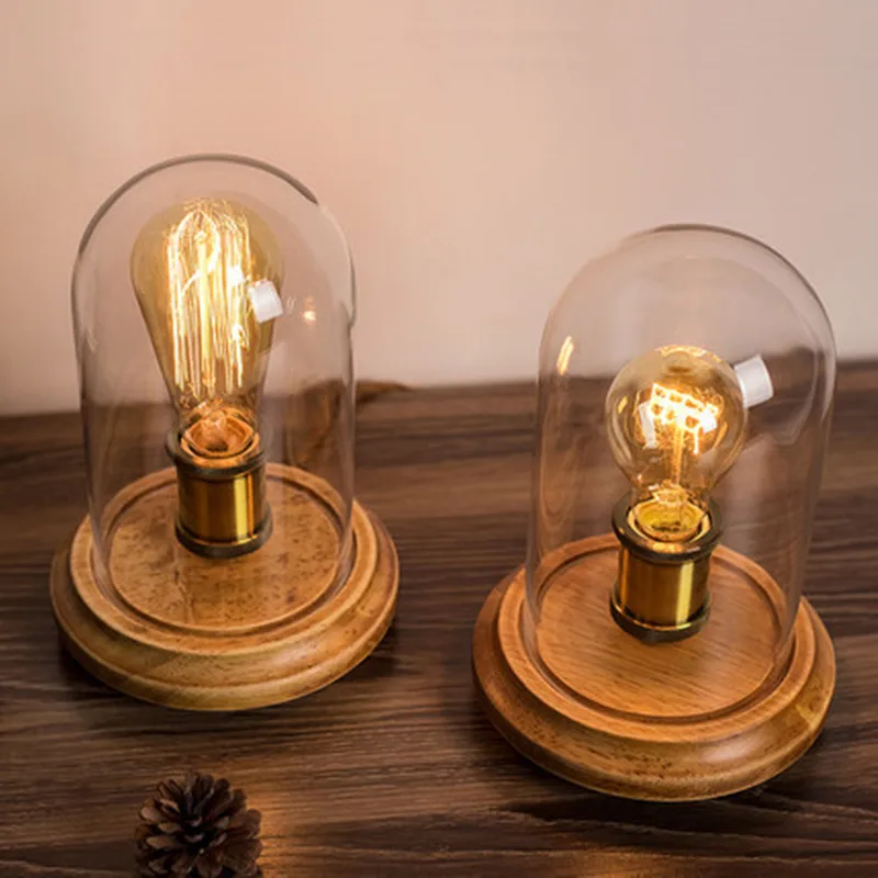  FUMAT Vintage Dimmer Table Lamp Loft Solid Wood Desk Lamp with Glass Shade American Country Bedrom 