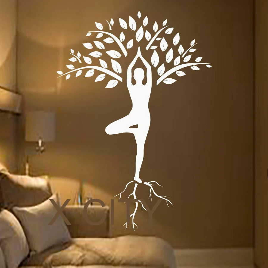 Vinilos decorativos de pared de árbol arte pegatina de gimnasta Yoga