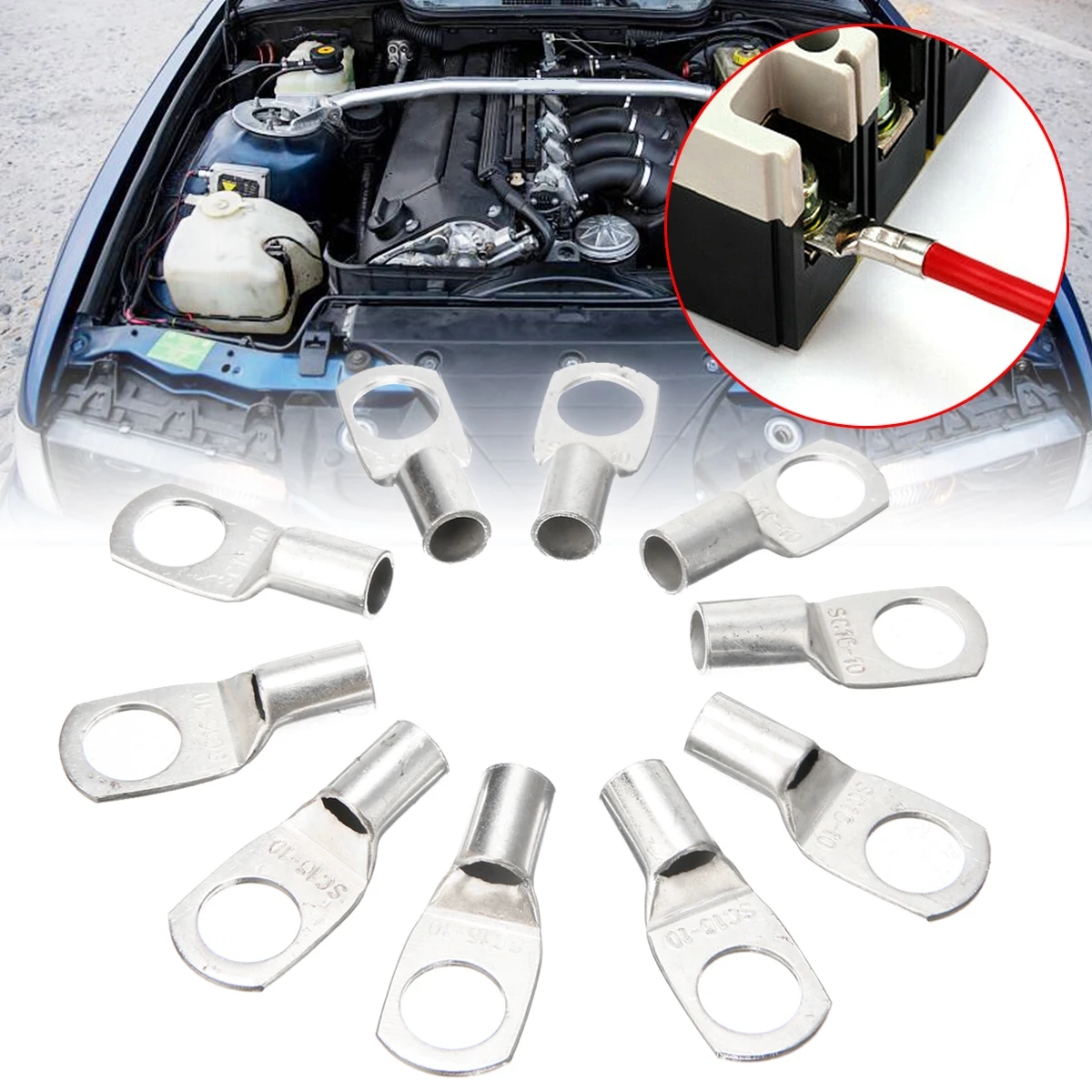 

For Car Motorcycles 10pcs Crimp/Solder Battery Lug Terminal Auto Tin Plated Copper Terminals For 16mm Cable With 10mm Bolt Hole
