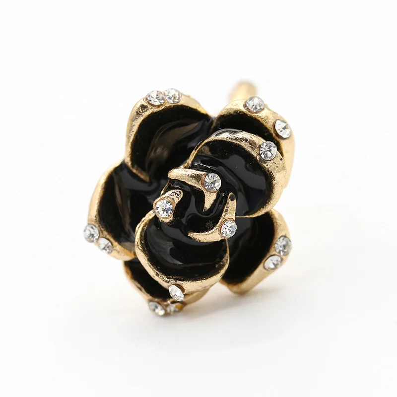 Мода Капельное розовое черное цветочное кольцо со стразами Камелия открытое регулируемое кольцо для женщин аксессуары - Цвет основного камня: Gold