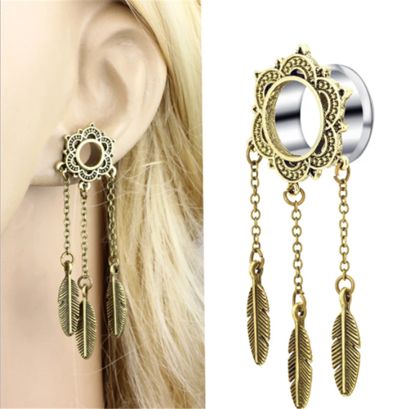 

2PCS Stainless Steel Leaves Dangle Punk Ear Plugs Tunnels Flesh Stretched Expansions Earring Gauges Women Body Piercing Jewelry