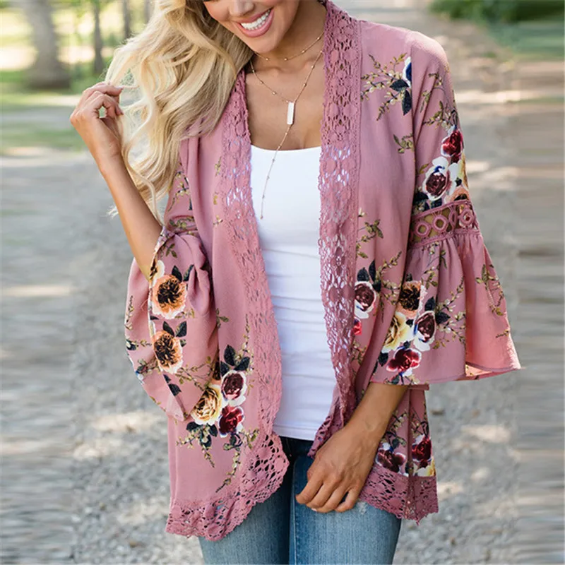 Gladiolus 2019 Spring Womens Tops And Blouses Loose Floral Print Flare Sleeve Lace Women Kimono Cardigan Summer Shirts Plus Size (47)
