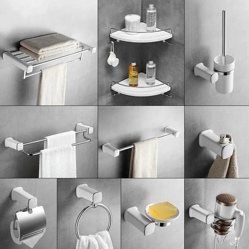 الحمام الأجهزة مجموعة الأبيض رذاذ الطلاء 304 طقم حمام من الفولاذ المقاوم للصدأ منشفة رف ملحقات الحمام المرحاض رف الحائط