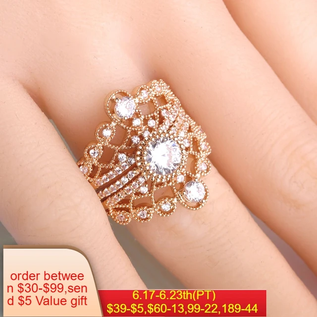 Blucome Unique Three Stackable Rings Gold Color Crown Round Cubic Zircon Ring For Women Bridal