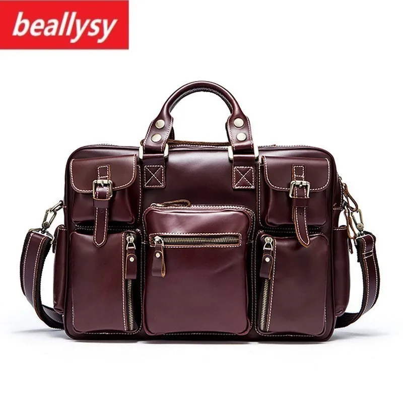 

Brand New Men's genuine leather briefcase Big real leather laptop tote bag Cow leather business bag double layer messenger bag
