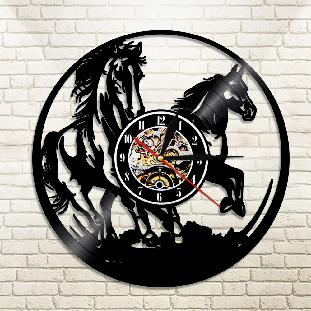 

1Piece Horses Vinyl Record Wall Clock Animals Wall Clock Horse Riding Laser Etched Wall Watch Modern Design Gift For Horseman