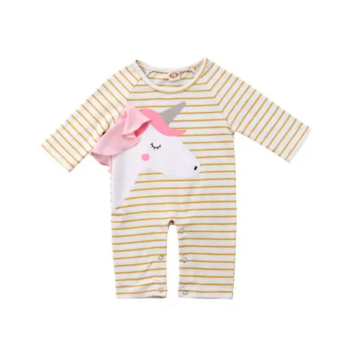 

2018 Newborn Baby Girl Unicorn Long Sleeve Striped Romper Jumpsuit Fall Outfits Clothes Set Size 0-18M