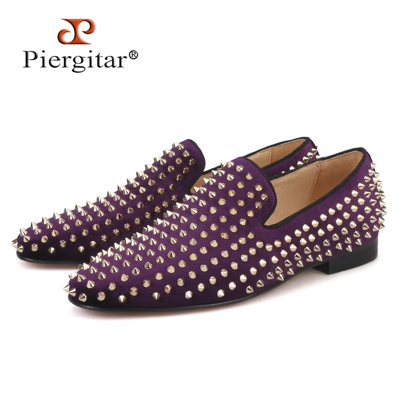 

Piergitar 2019 Handmade Purple velvet with gold rivets men loafers Fashion Party and prom somking slippers plus size men's shoes
