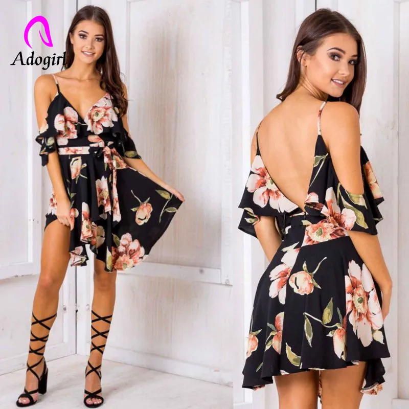 Adogirl V средства ухода за кожей Шеи Асимметричный strapped с цветочным принтом комбинезоны высокая Талия спинки комбинезон в технике пэчворк черный цветочный наб