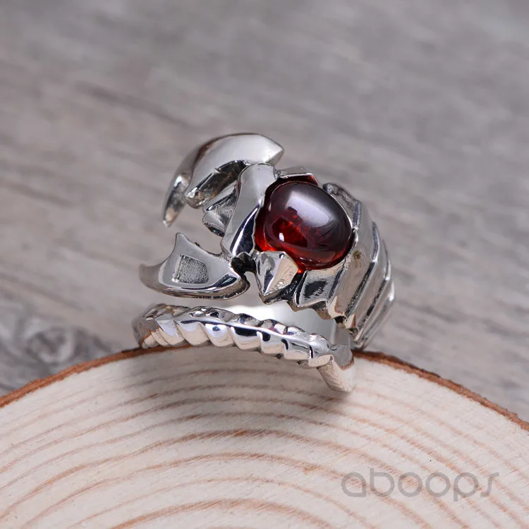 Винтажное 925 пробы серебряное Созвездие кольцо Скорпион ювелирные изделия с красным гранатом камень для мужчин регулируемый
