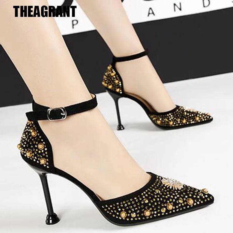 

THEAGRANT Sexy Crystal Women Pumps High Heels Casual Shoes Woman Ankle Strap Pointed Toe Ladies Party Shoes Floral WHH3017
