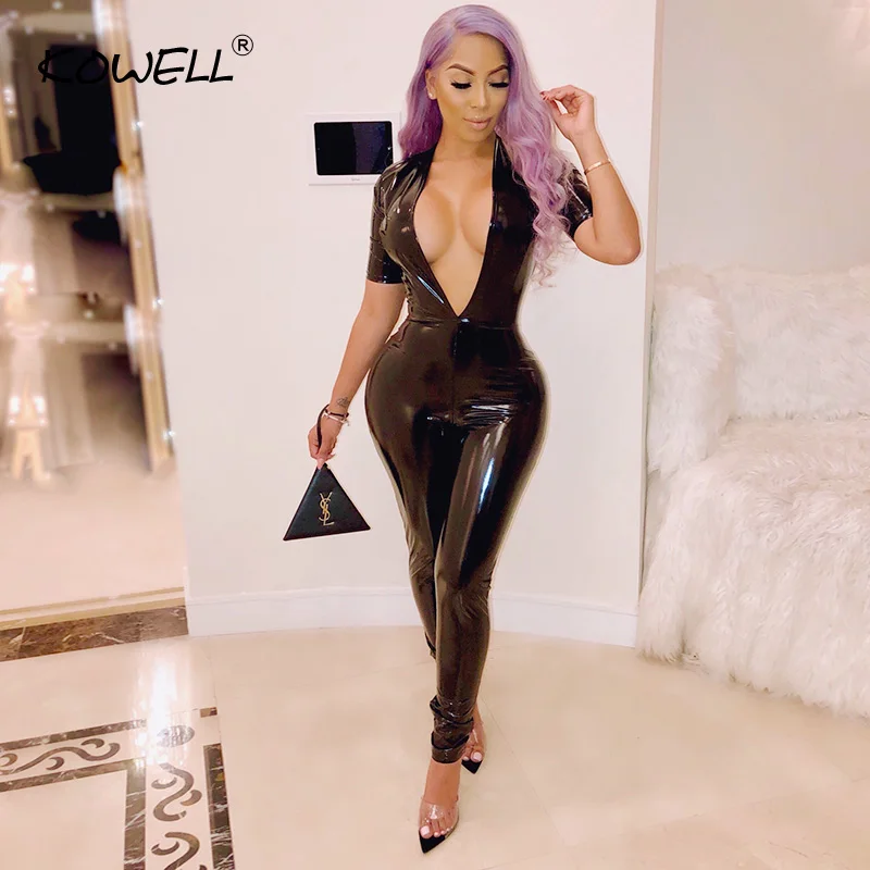 

New PU Leather Sexy Deep V-Neck Bodycon Jumpsuit Women Short Sleeve Skinny Rompers Women Overalls Casual Party Club Playsuit