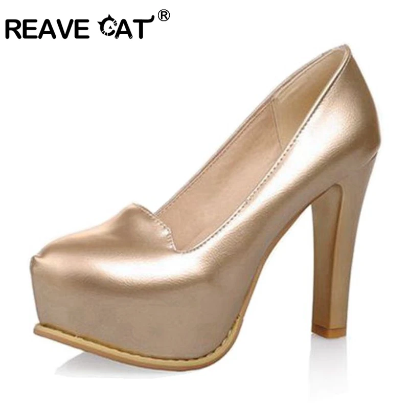 

REAVE CAT Ladies Block high heel pumps High Platform Pointed toe slip on Glitter Sexy Party shoes Small Big size 33-43 Gold