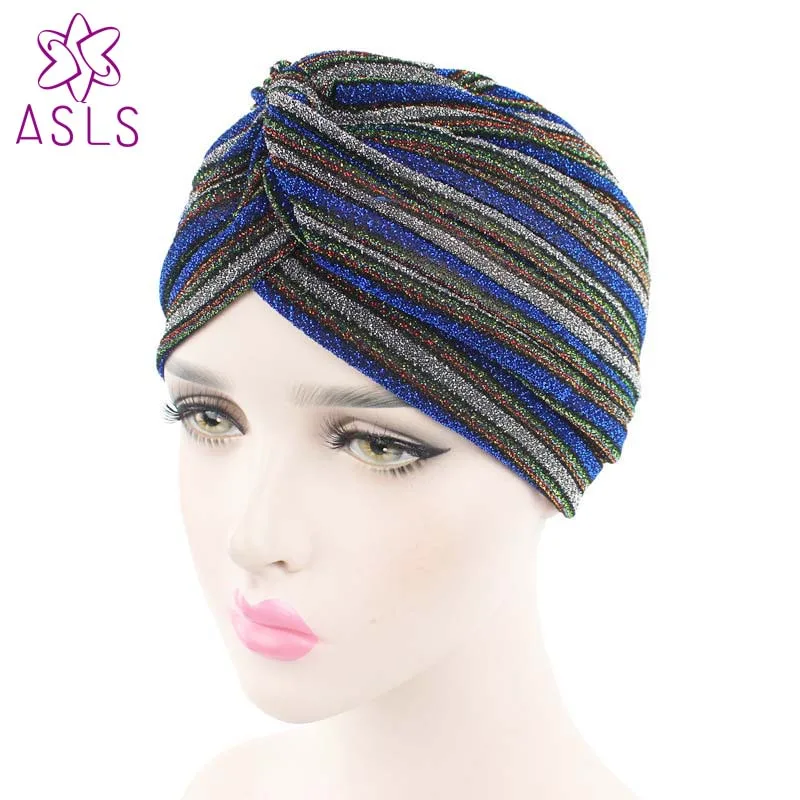 ASHILISIA Новая модная мусульманская женская шапка женские шапки в полоску блестящие тюрбан аксессуары для волос шляпы