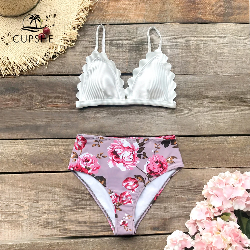 

CUPSHE Boho Scalloped Triangle High-Waist Bikini Sets Women Sexy Two Pieces Swimsuits 2019 Girl Beach Bathing Suits