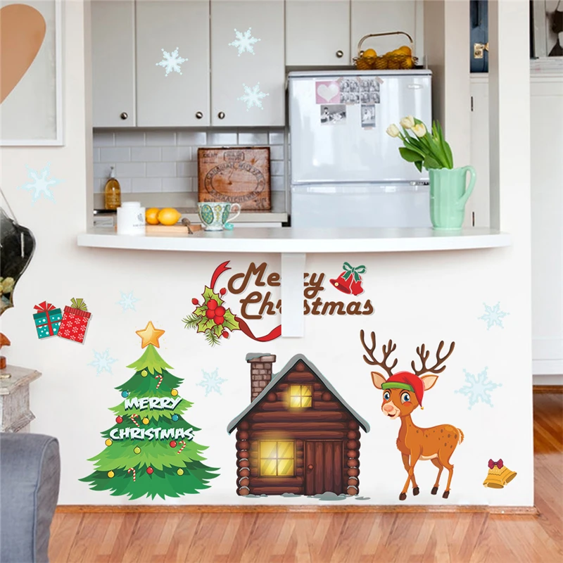 

New Year Cartoon Tree Reindeer Wall Decals Bedroom Window Home Decor Merry Christmas Wall Stickers Pvc Wallpaper Art Gifts