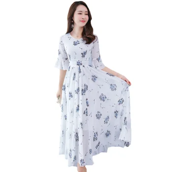 

Vintage Large Size Printing Half Sleeve Chiffon Dress Female Summer 2018 New Fashion Slim Big Swing Dress Women Long Dress A649