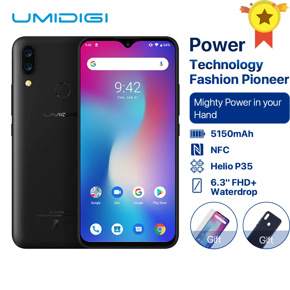 

UMIDIGI Power Android 9.0 5150mAh Big Battery 18W 6.3' FHD+ Waterdrop Screen 4GB+64GB Helio P35 Global Version Smartphone 16MP