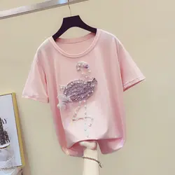Летняя одежда для женщин, новинка 2019 года, модная свободная Милая футболка с короткими рукавами и вышивкой из бисера, базовая футболка для