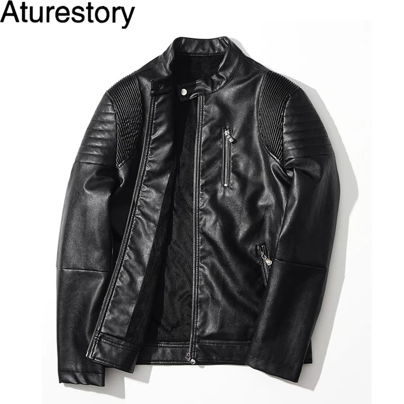 Aturestory Top Quality Mens Black Leather Jacket Autumn Winter Washed