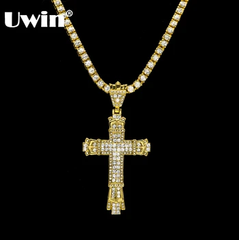 

Uwin Really Bling Iced Out Rhinestones Vintage Cross Pendant Necklace Gold&Silver Color Hip hop Fashion Jewelry Drop Shipping