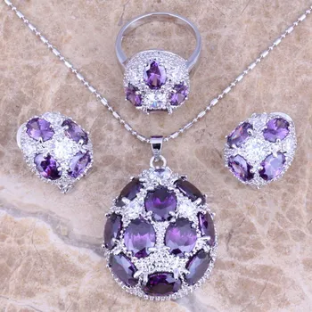

Outstanding Purple Cubic Zirconia White CZ Silver Plated Jewelry Sets Earrings Pendant Ring Size 6 / 7 / 8 / 9 / 10 S0246