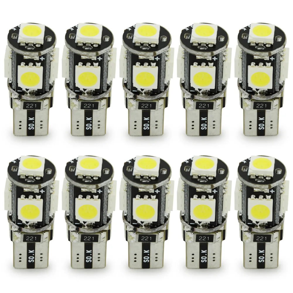 10pcs LED W5W T10 canbus 5050 5 smd led T10 194 168 5smd T10 led canbus 5050 error free white light lamp bulb источник света для авто eco fri led 10 t10 5050 smd 5 canbus w5w 194 168 2825
