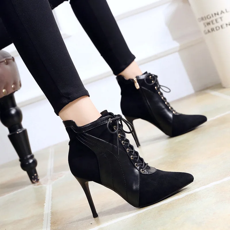

Retro short boots 2018 winter new Korean fashion Martin boots ankle boot pointed high heels stiletto wild lace-up women's boots