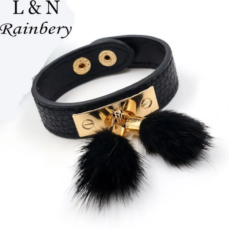 

Rainbery Women Men Jewelry Multicolor Pu Leather Cuff Bracelets Rabbit Fur Decoration Men's Boho Bracelet Wristband JB0457