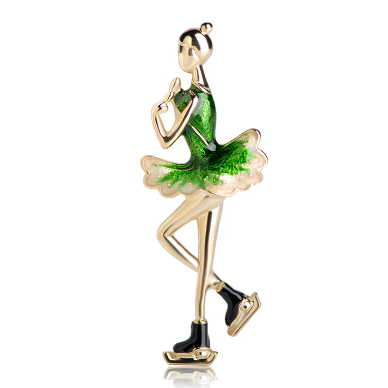 

Funmor Green Enamel Skating Girl Shape Brooches Pin Gold Color Alloy Sports Gymnastics Skate Figure Women Brooch Clothes Badge