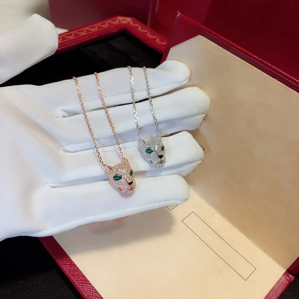 

New Pure 925 Sterling Silver Fashion zircon Leopard Necklace Party Jewelry Luxurious White Gold Leopard head chain