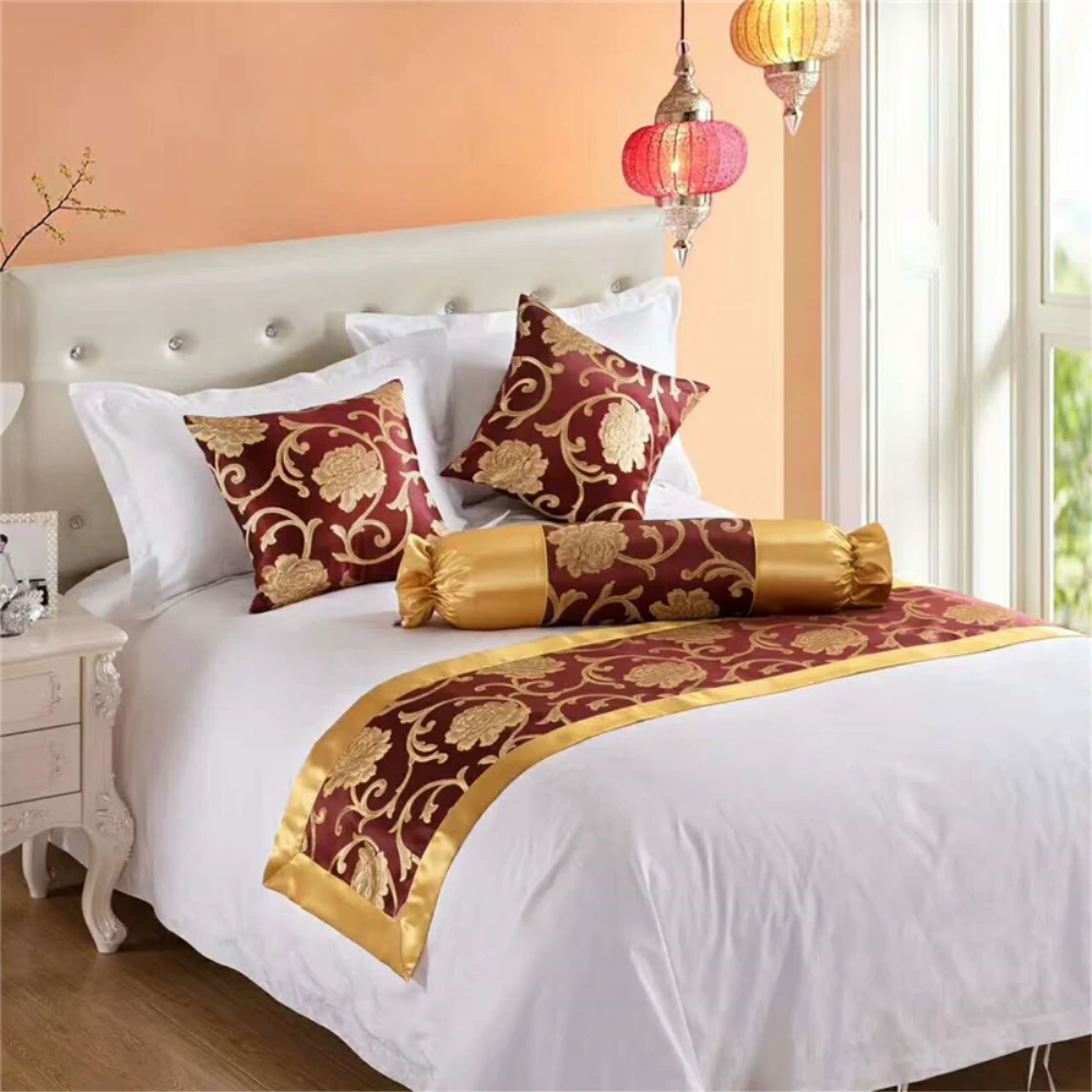 

RAYUAN Peony Flower Double Layer Bed Runner Scarf Bedspread Home Hotel Wedding Bedding Bedroom Bed Tail Towel 3 Size