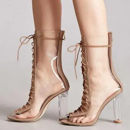 

Rome Lace up Transparent PVC Ankle Boots 2018 Back Zipper Peep Toe Clear Thick Heels Sexy Boots Star Decor Gladiator Sandals