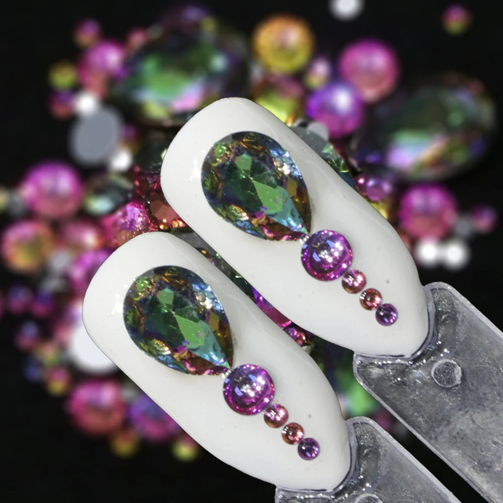Смешанный дизайн ногтей, радужные голографические Стразы для ногтей, 3D Подвески, плоские с оборота бусины, декор для ногтей, камень, CH070-2
