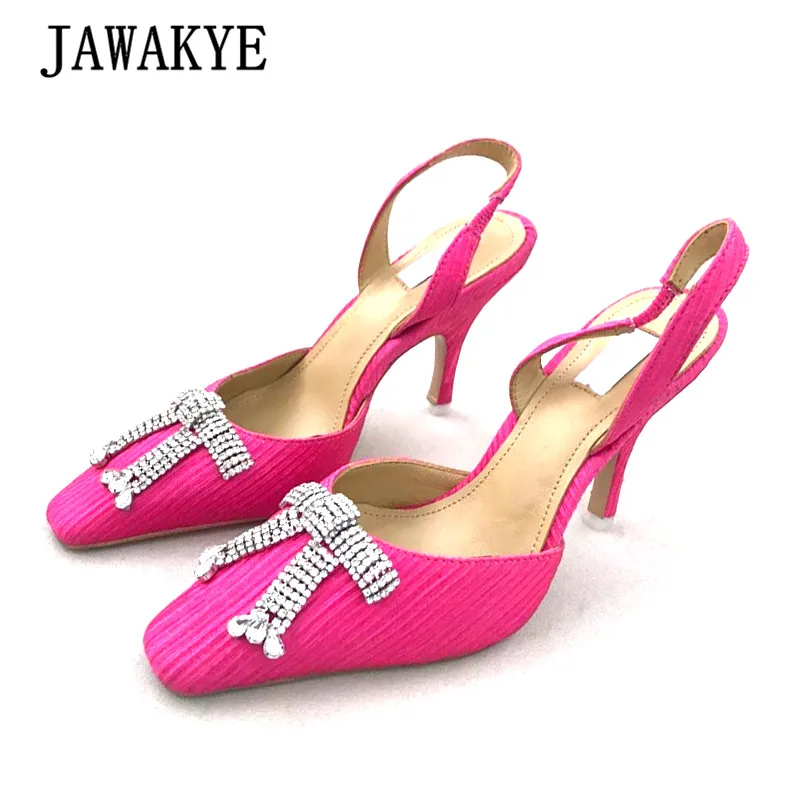 

JAWAKYE Rhinestone bowties sandals women suede slingback high heels female genuine leather butterfly stilettos sweet women pumps