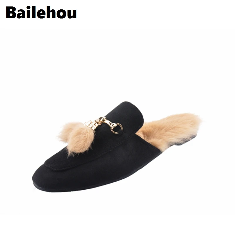 melhor Bailehou Fashion Women Flat Shoes Deslizamento Na Plataforma de Pele de Camurça Borla Pelúcia Mulas Chinelos Planas Casuais Slids Retro Estilo Britânico
