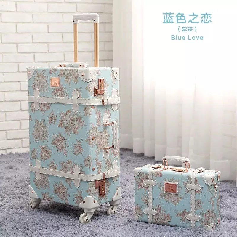 2PCS/SET Vintage Floral PU Travel Bag Rolling Luggage,13"20"22"24"26"inch Women Retro Trolley Suitcase Bag On Universal Wheels