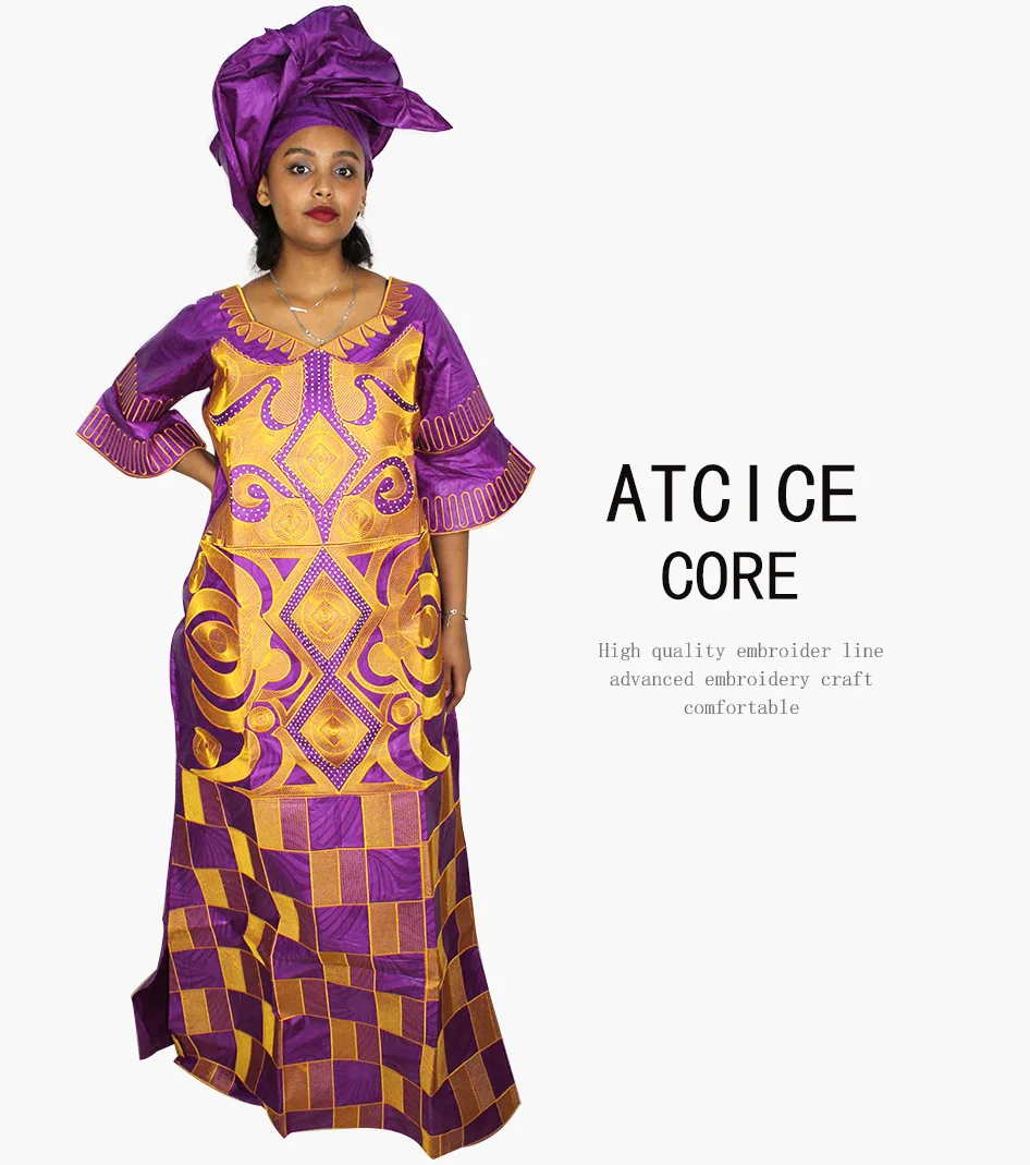 African Dresses For Woman Bazin Riche Computer Emboridery Plus Size Long Dress With Scarf A023 african robe
