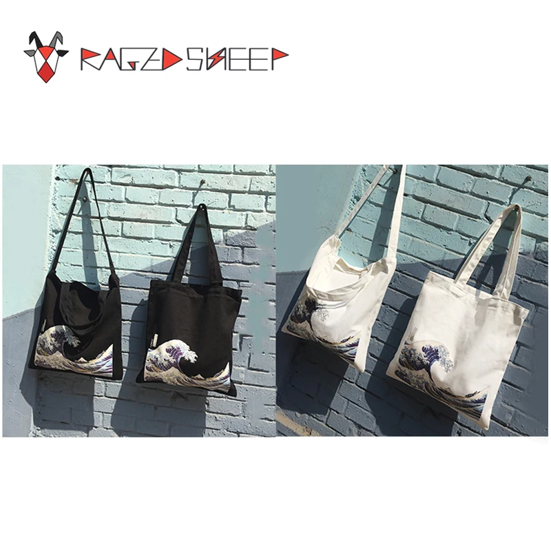 Raged Sheep Fashion Cotton Grocery Tote Shopping Bags Folding Shopping Cart Eco Grab Reusable Bag With Sea Wave Print Raged Sheep Fashion Cotton Grocery Tote Shopping Bags Folding Shopping Cart Eco Grab Reusable Bag With Sea Wave Print