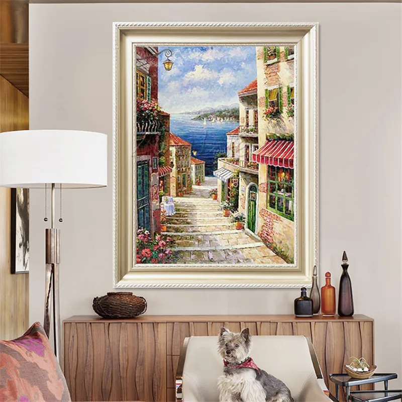 

Hand-painted Mediterranean Sea view room painted the sitting room decorates a wall painting on the canvas art wallpaper image 32