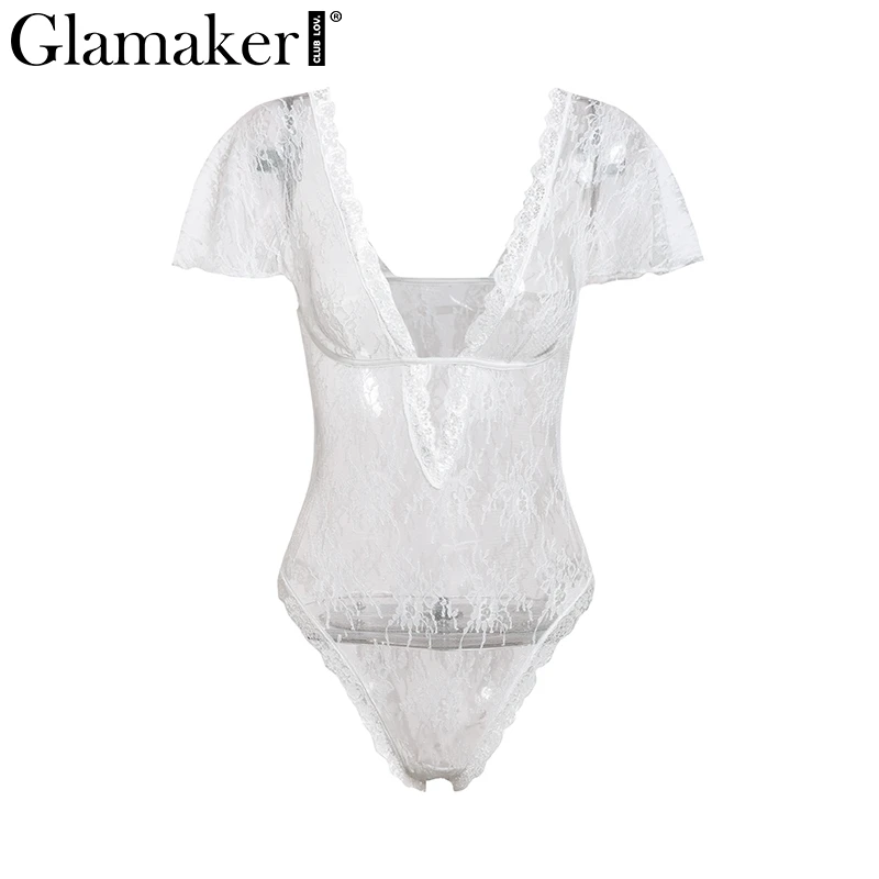 Glamaker Ruffles sexy white lace bodysuit Women short sleeve playsuit overalls Female party transparent bodysuit romper summer